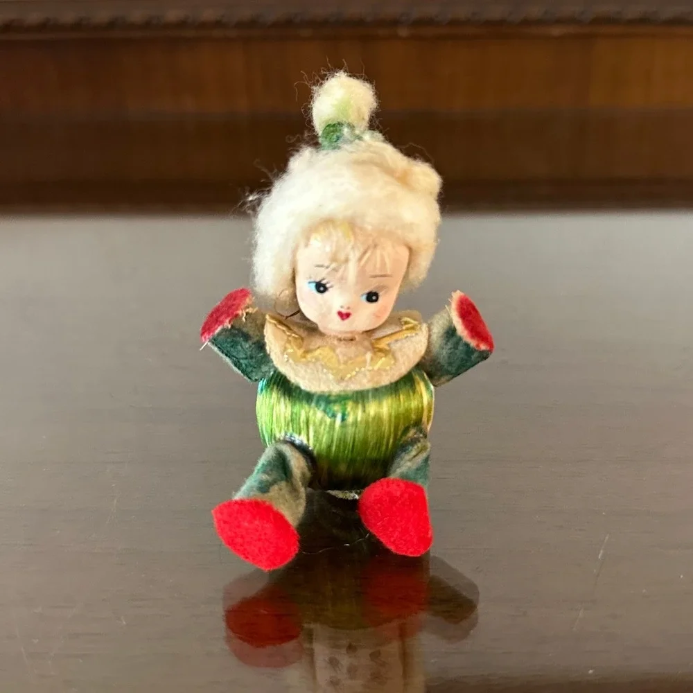 Vintage Satin Felt Pixie Elf Girl Christmas Tree Ornament Figurine Decoration